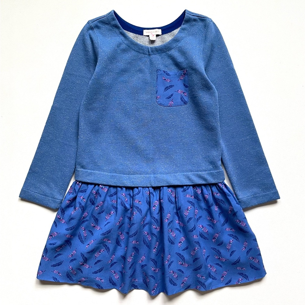 EUC Pumpkin Patch Girls Feather Print Blue Skirted Sweatshirt Dress 8